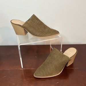 Kaari Blue Olive Green Perforated Mules with Wooden Heel